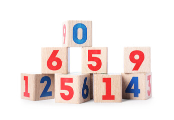 Wooden cubes with numbers isolated on white
