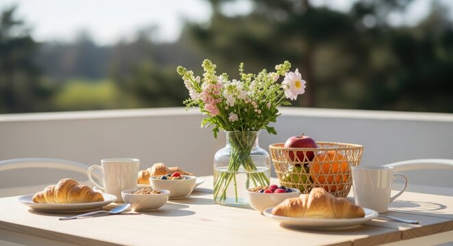 Delicious breakfast set on white patio table with croissants, fruit, and flowers. Outdoor dining experience, concept for relaxation.