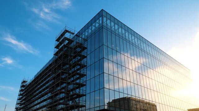 Modern glass facade building under construction with scaffolding against a blue sky