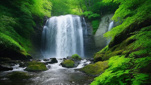 A serene waterfall cascades down a rocky slope surrounded by lush greenery and dense foliage in a natural forest setting