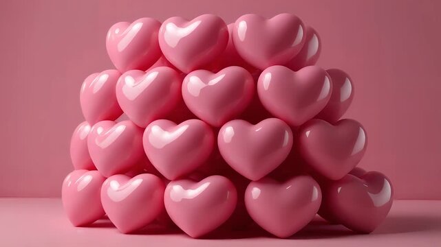 Pink hearts pyramid in glossy finish with soft pastel lighting for valentines day greeting card
