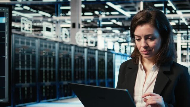 Data center programmer using augmented reality tech to conduct security audit on IT infrastructure. Server hub worker using wireframe mesh visualization to verify firewall protection, camera A