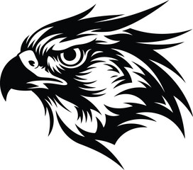 Fototapeta premium Aggressive hawk head vector illustration with sharp beak and intense eye, black and white fierce bird of prey mascot silhouette isolated on white.