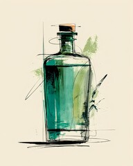 Contemporary minimalist glass bottle illustration featuring natural color palette and freeform abstract overlays
