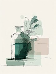 Modern organic bottle artwork in soft pastel greens with loose black line drawing and airy negative space