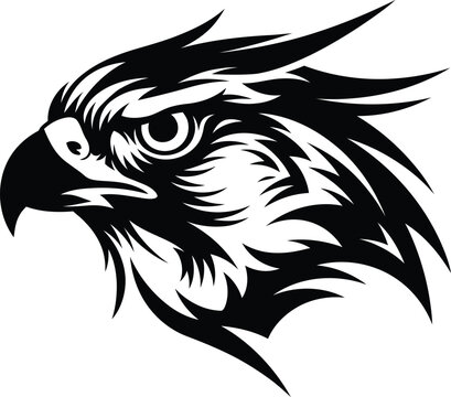 Aggressive hawk head vector illustration with sharp beak and intense eye, black and white fierce bird of prey mascot silhouette isolated on white.