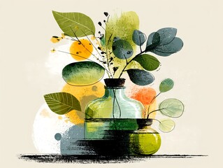 Calm aesthetic glass bottle artwork using minimalist abstract forms and soft muted green colors