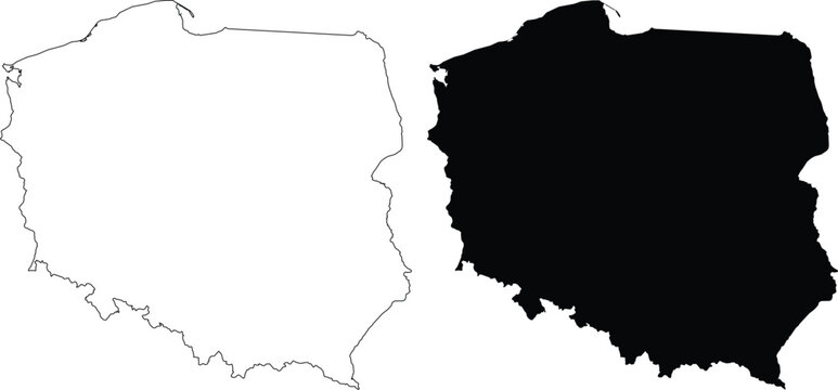Poland outline and silhouette maps on white background