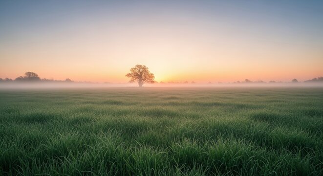 Solitary tree in a misty green field at sunrise. Tranquil nature landscape with early morning fog for peace and calm concept.