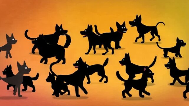 Silhouettes of multiple dogs walking in unison outdoors at sunset background