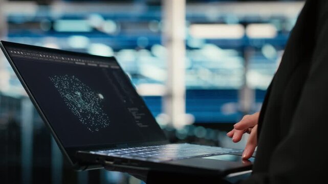 Close up of data center technician using AI LLM assistant on laptop to troubleshoot issues. Server hub specialist using artificial intelligence model on notebook to analyze system logs, camera B