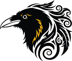 Fototapeta premium Fierce raven head mascot vector illustration with tribal swirling feathers and yellow neck details, black bird of prey profile isolated on white.