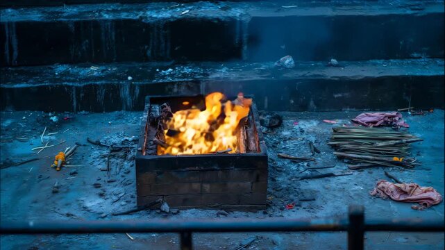 riverside cremation platform at Manikarnika Ghat, Varanasi, varanasi, 4k, hindu rituals, funeral, riverbank, ganges, spirituality, cultural heritage, mourning, tradition