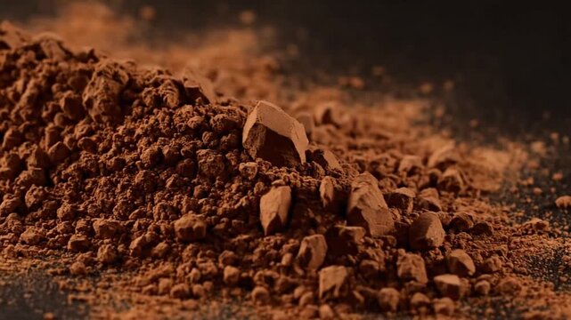 Close-up of rich brown cocoa powder on a dark background, showing a beautiful texture and delicious natural ingredient.