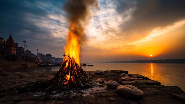 4K an Indian riverside ghat during twilight, cremation platforms stretching, indian riverside, ghat, twilight, cremation platforms, 4k video, spirituality, rituals, riverbank
