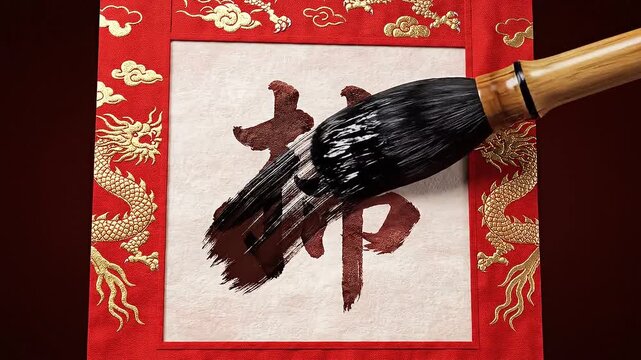 Chinese Calligraphy Brush Painting the Character 'Shen' for Spirit on Silk Scroll