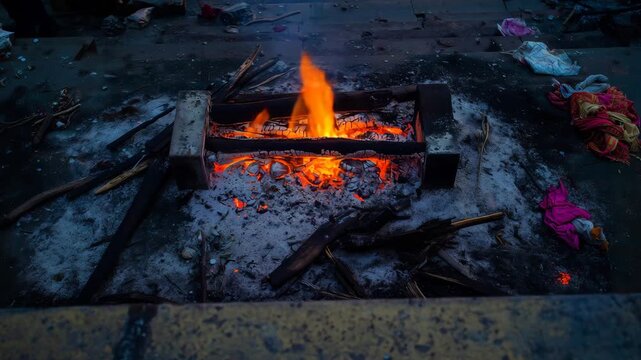 a compact rectangular fire bed in the center burns intensely, bright orange-yellow flam, fire, flames, fire bed, rectangular, compact, intense, bright, orange, yellow
