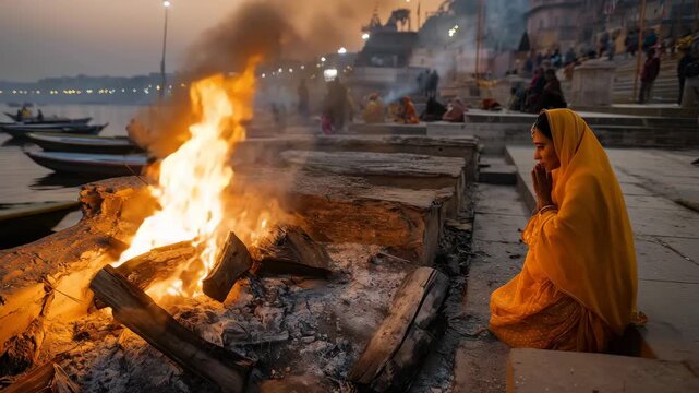 an Indian riverside ghat during twilight, cremation platforms stretching, spirituality, rituals, riverbank, evening, cultural heritage, sacred, water, tradition, hinduism, ceremonies