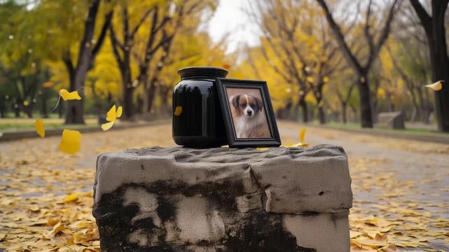 a weathered stone block used as a memorial stand, placed on a thick layer of fallen yellow leaves, yellow leaves, nature, outdoor, autumn, 4k, stone block, tribute