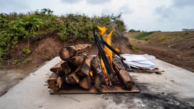 Controlled outdoor bonfire burning on a low rectangular wooden platform placed on a wide pale concrete slab, frontal wide view, camera at eye-level, platform centered slightly left 