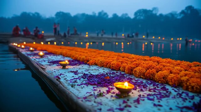 floating ceremonial platform:bier covered with bright orange marigold flowers arranged in a thick line along the top   
