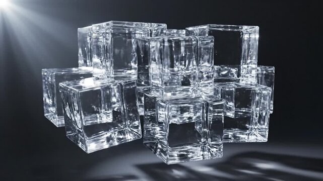 A sparkling stack of transparent ice cubes glows brightly against a dark