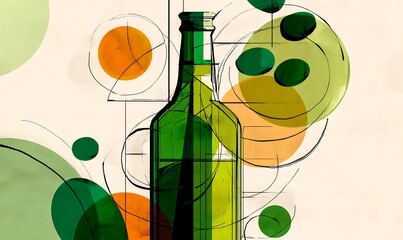 Modern organic bottle artwork in soft pastel greens with loose black line drawing and airy negative space