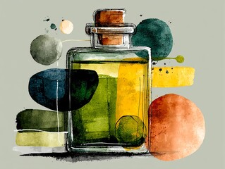 Contemporary minimalist glass bottle illustration featuring natural color palette and freeform abstract overlays