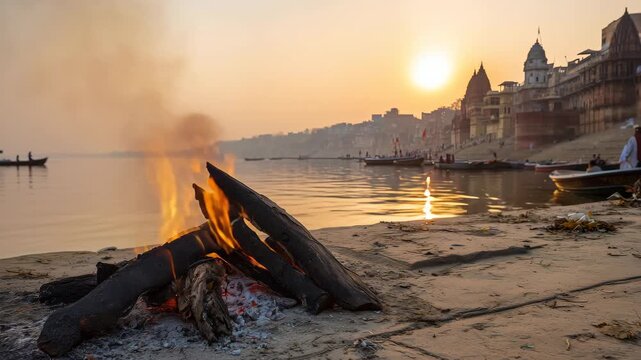 India a compact rectangular fire bed in the center burns intensely, bright orange-yellow flam