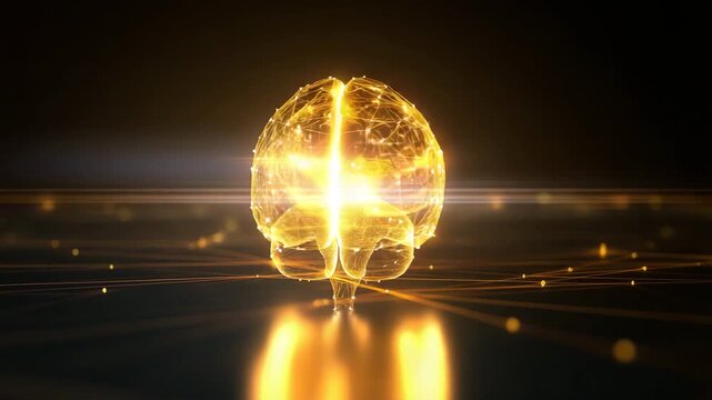 luminous wireframe brain hovering center frame, warm golden nodes and sparkling synapses, fine filament lines forming a detailed 3D mesh