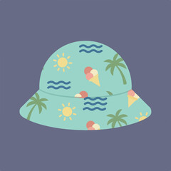 Fototapeta premium A light teal bucket hat featuring a playful summer pattern of suns, waves, palm trees, and ice cream cones, against a dark grey background.