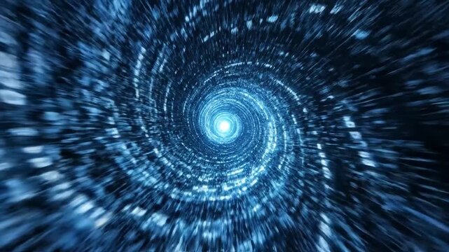 Abstract digital data tunnel with binary code swirling at high speed towards