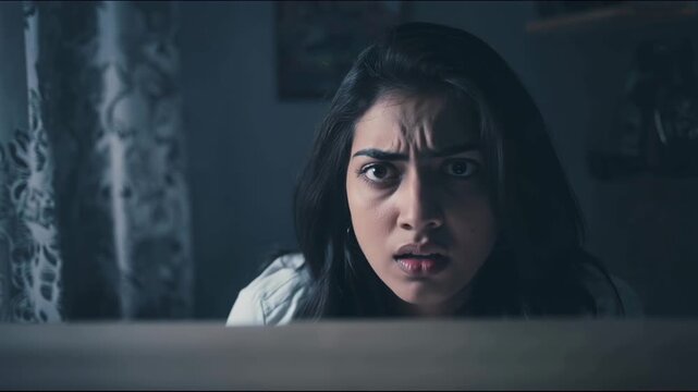 Woman&rsquo;s eyes peeking over a soft, out-of-focus foreground edge  in a dim interior, only the upper face visible, intense cautious gaze straight toward camera