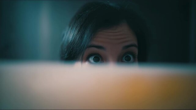 Woman&rsquo;s eyes peeking over a soft, out-of-focus foreground edge  in a dim interior, only the upper face visible, intense cautious gaze straight toward camera 