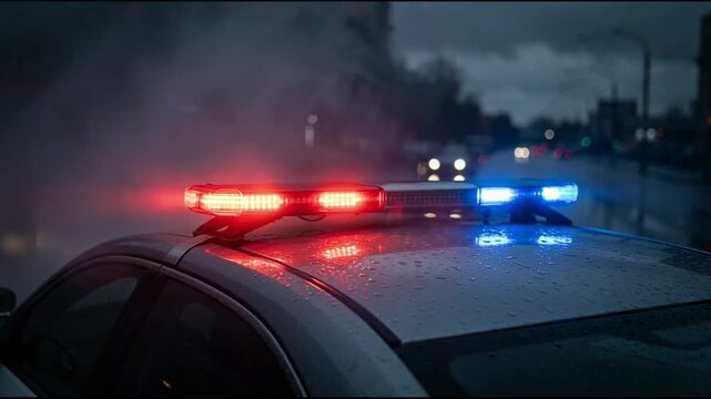 Flashing Police Car Emergency Lights at Night. Close-up of Law Enforcement Patrol Vehicle Light Bar Siren on Dark Street. Crime Scene and 911 Response Concept.