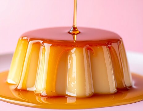 ピンク背景にとろけるキャラメルがかかったカラメルプリン