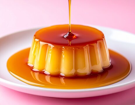 ピンク背景にとろけるキャラメルがかかったカラメルプリン