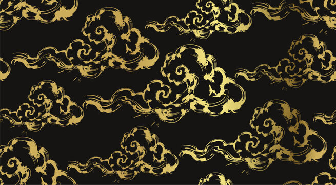 clouds wind japanese chinese seamless vector pattern ink golden design 