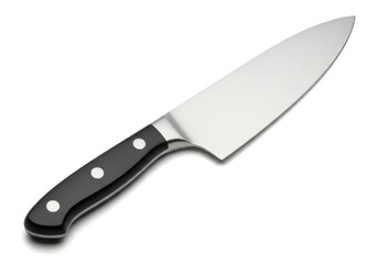 A gleaming stainless steel chefs knife with a black riveted handle set against a pristine white background