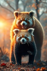 Two reddish-brown furry animals a larger one behind a smaller one stand on a leaf-covered forest floor with warm light