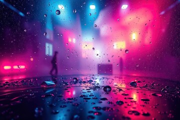 Raindrops on a surface reflect blurred neon city lights in pink blue and purple with a distant walking silhouette and wet ground objects