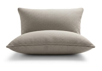 Two light grey textured fabric cushions one lying flat and another propped behind it on a white background with a soft shadow