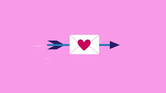 Love letter envelope animation, letter sent using bow and arrow, romantic concept, Valentine's Day and anniversary, 4k video