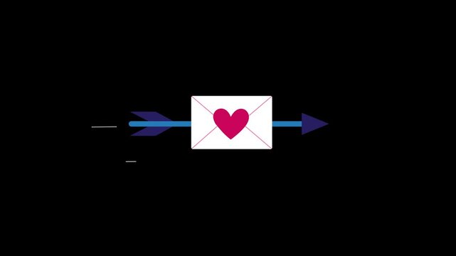Animation of a bow arrow flying with a love letter envelope, Valentine's Day and anniversary greetings, 4k video