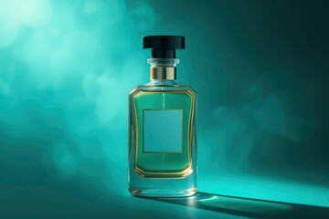 A clear glass bottle with light green liquid gold trim and a black cap stands on a reflective teal surface with bokeh lighting