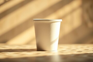 A simple white lidded cup on a patterned surface with strong diagonal shadows against a warm tan background
