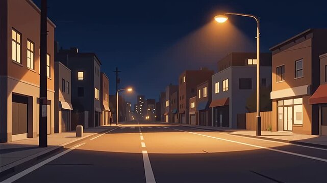 Nighttime 2D Illustration of an Empty Street Illuminated by Warm Streetlights with a Calm Atmosphere