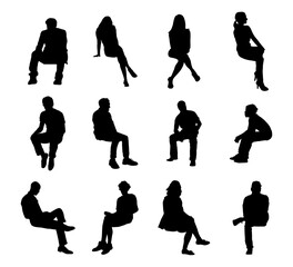 Set of sitting people silhouette on white background. Collection of sitting people silhouette