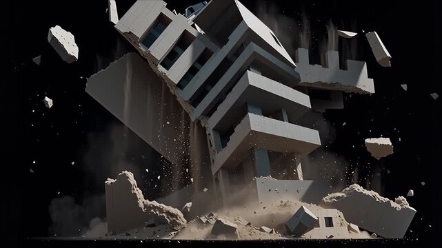 Abstract Video of a Building Structure Collapsing Inward in a Dramatic Silhouette Display