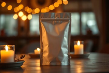 A silver stand-up pouch sits centrally on a wooden table flanked by lit candles in glass holders with warm blurred lights in the background